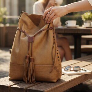 Altar’d State Boho Leather Shoulder Bag | Tan Fringe Tassel Hobo Tote